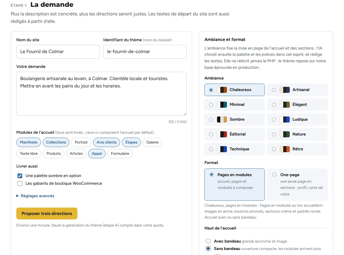 Formulaire de l'atelier : nom du site, description de la boulangerie, choix de l'ambiance Chaleureux et du format Pages en modules.