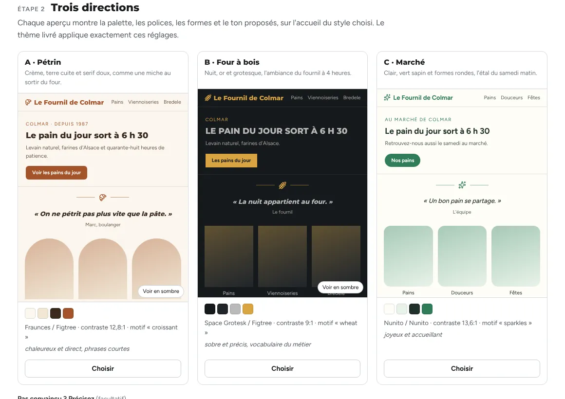Trois directions pour la boulangerie : Pétrin (crème et brique), Four à bois (noir et or), Marché (vert sapin et formes rondes).