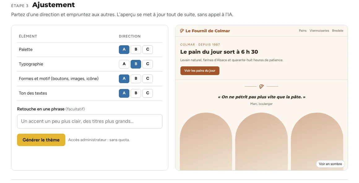 Écran d'ajustement : pour la palette, la typographie, les formes et le ton, choix entre les directions A, B et C, avec l'aperçu à droite.