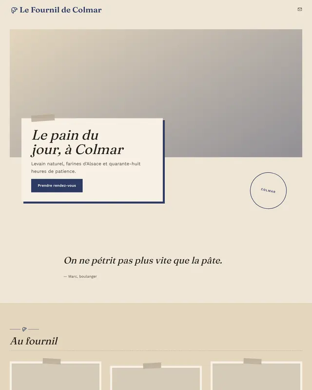 Accueil d'un thème Artisanal en pages à modules, pour une boulangerie fictive.