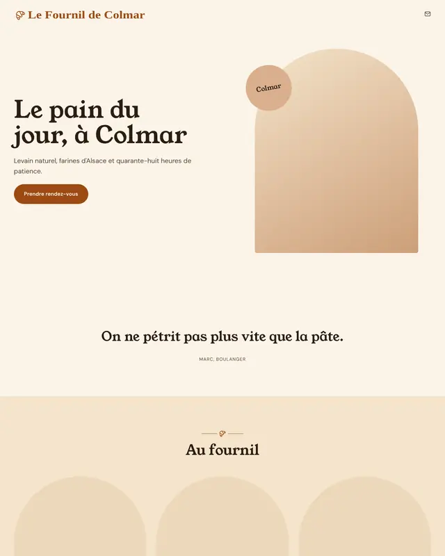 Accueil d'un thème Chaleureux en pages à modules, pour une boulangerie fictive.