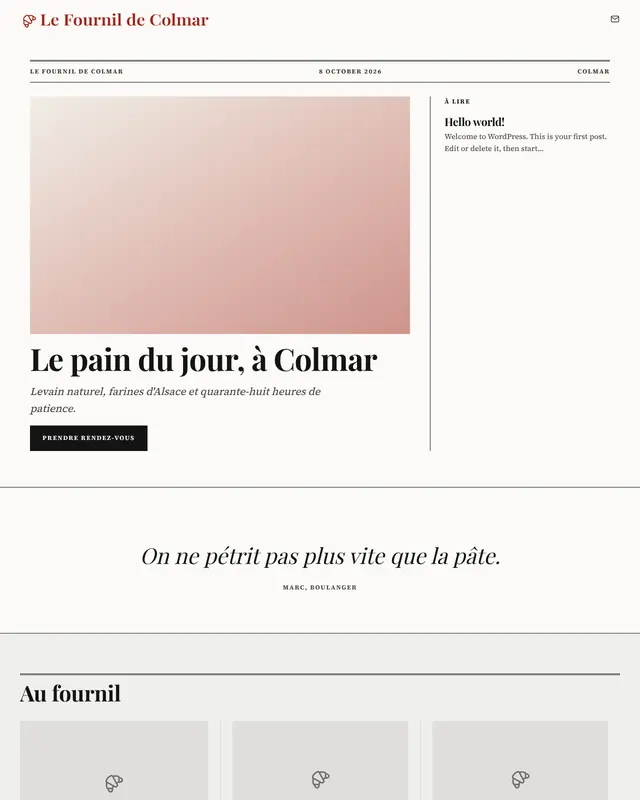 Accueil d'un thème Éditorial en pages à modules, pour une boulangerie fictive.