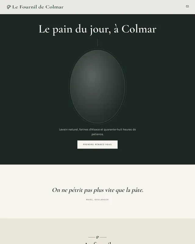 Accueil d'un thème Élégant en pages à modules, pour une boulangerie fictive.