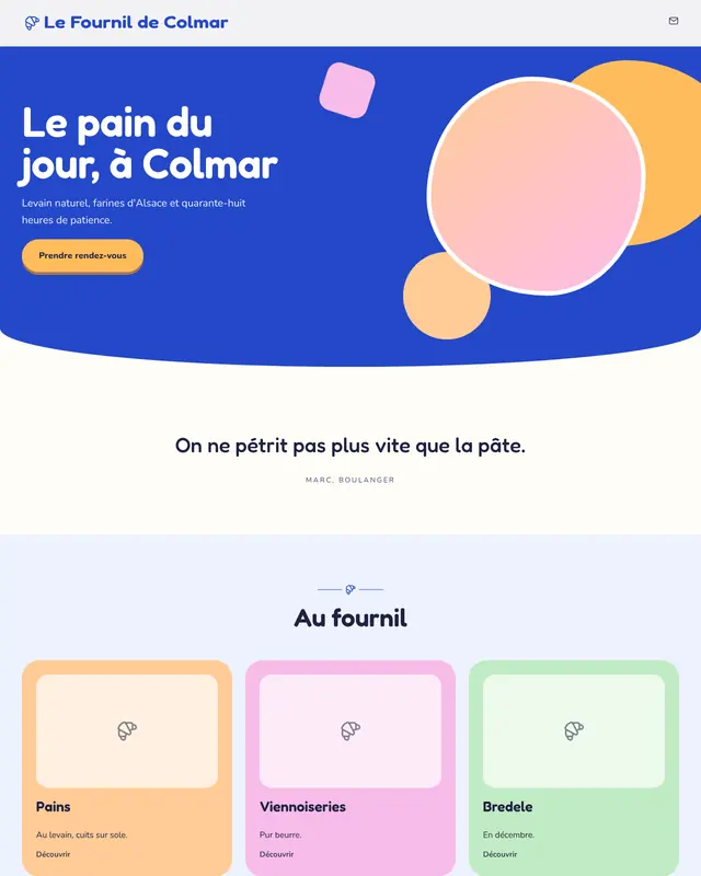 Accueil d'un thème Ludique en pages à modules, pour une boulangerie fictive.