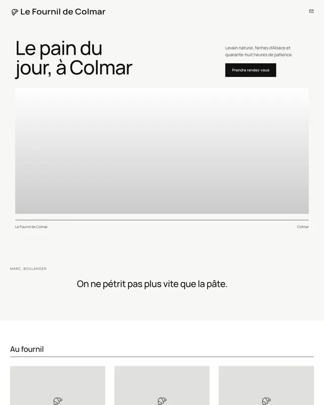 Accueil d'un thème Minimal en pages à modules, pour une boulangerie fictive.
