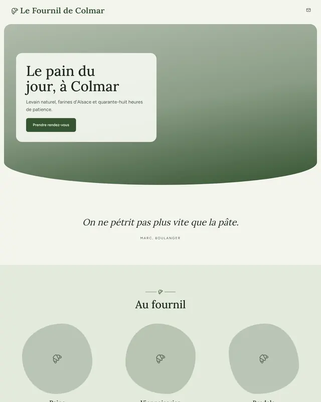 Accueil d'un thème Nature en pages à modules, pour une boulangerie fictive.