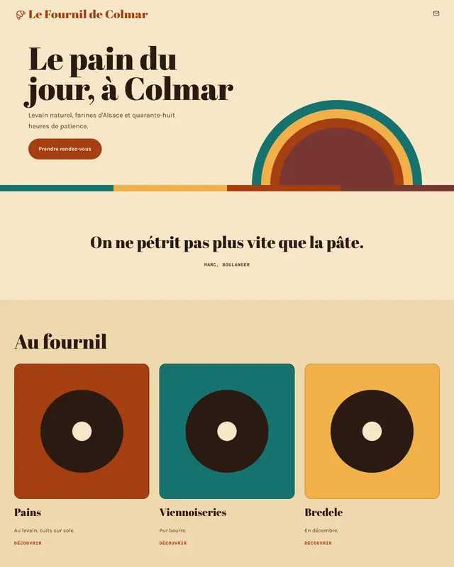 Accueil d'un thème Rétro en pages à modules, pour une boulangerie fictive.