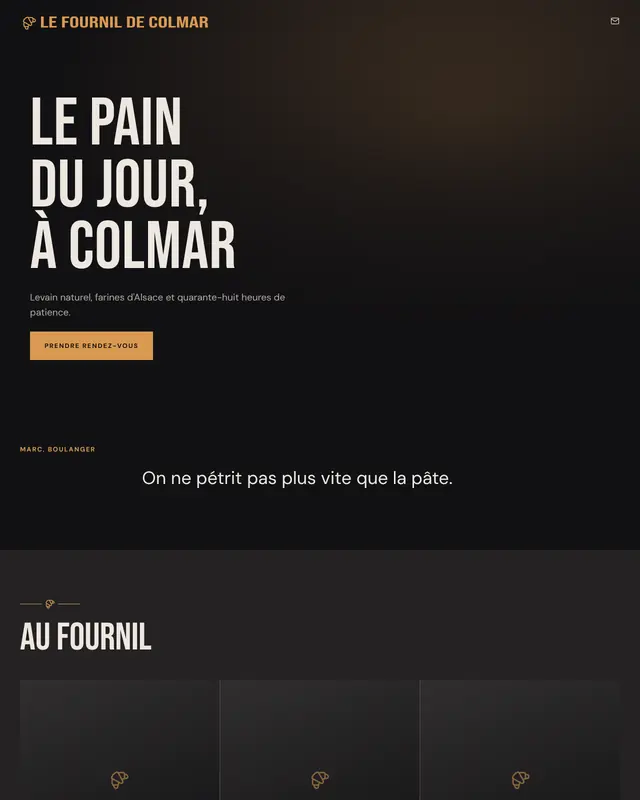Accueil d'un thème Sombre en pages à modules, pour une boulangerie fictive.