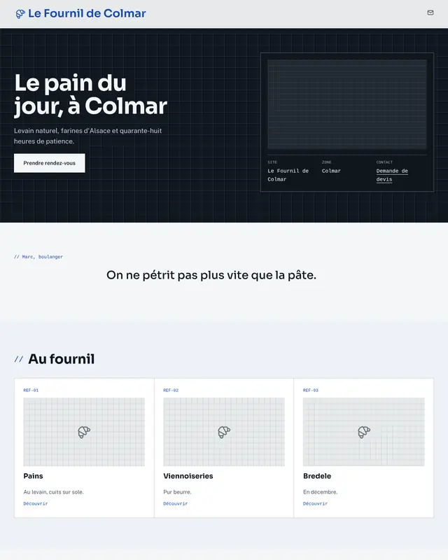 Accueil d'un thème Technique en pages à modules, pour une boulangerie fictive.