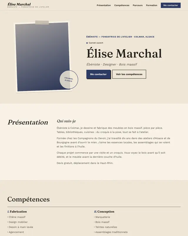 Thème one-page Artisanal pour une ébéniste fictive.