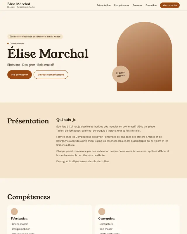 Thème one-page Chaleureux pour une ébéniste fictive.