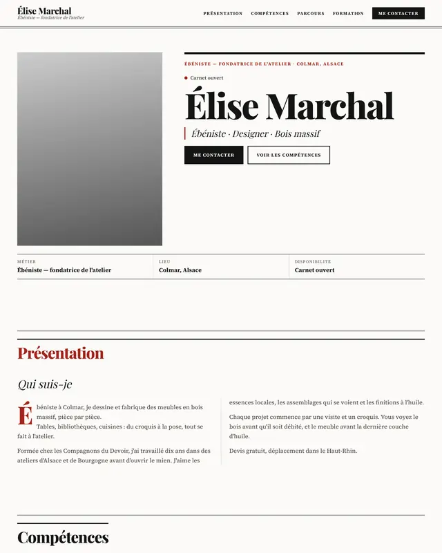 Thème one-page Éditorial pour une ébéniste fictive.