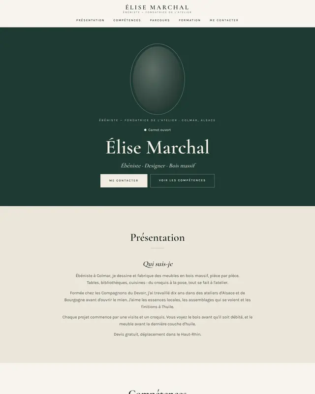 Thème one-page Élégant pour une ébéniste fictive.