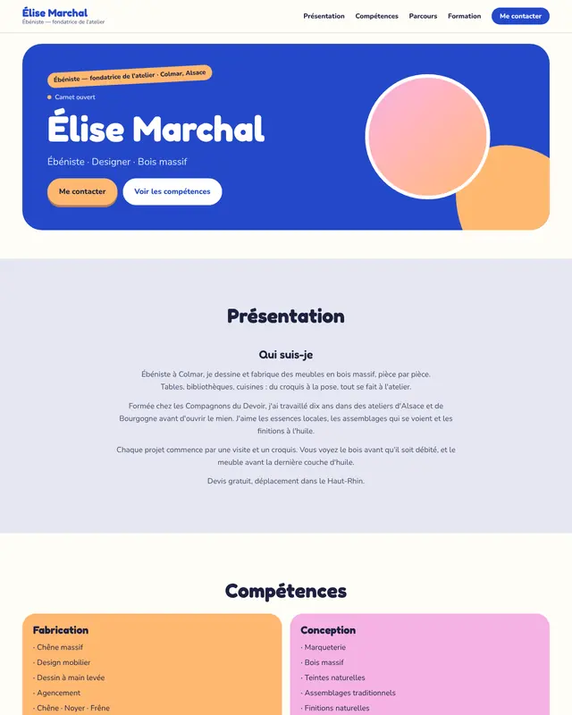 Thème one-page Ludique pour une ébéniste fictive.
