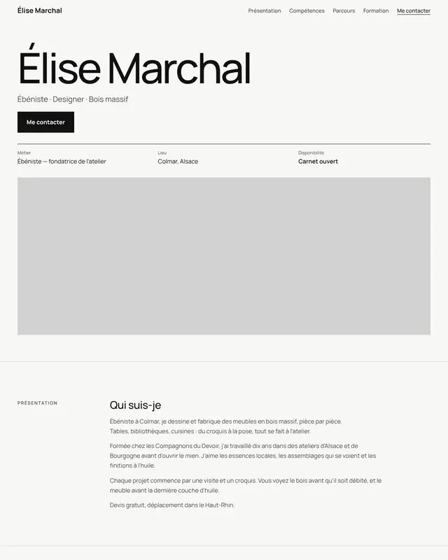 Thème one-page Minimal pour une ébéniste fictive.