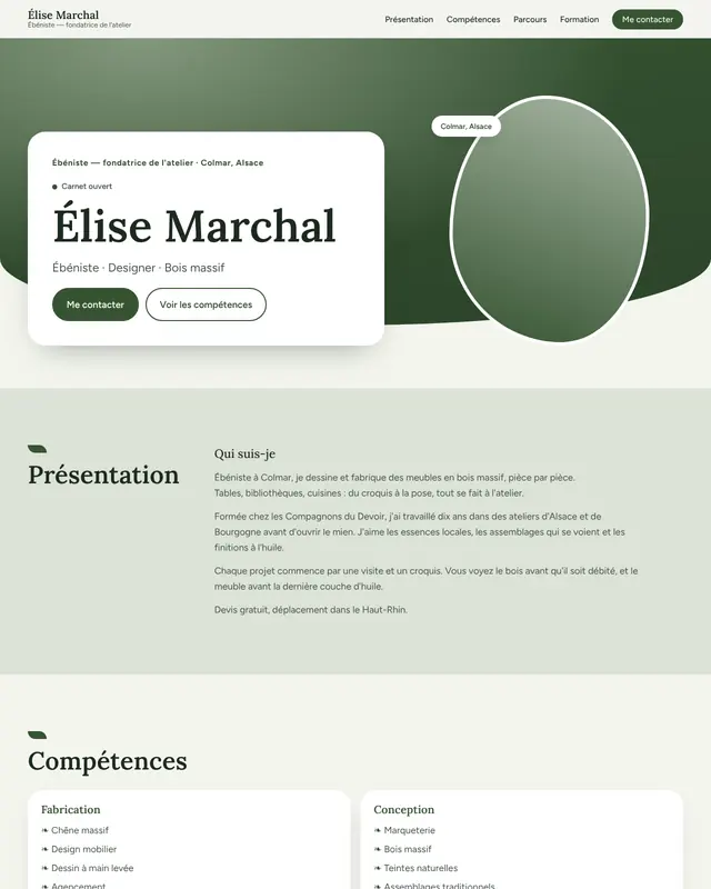 Thème one-page Nature pour une ébéniste fictive.