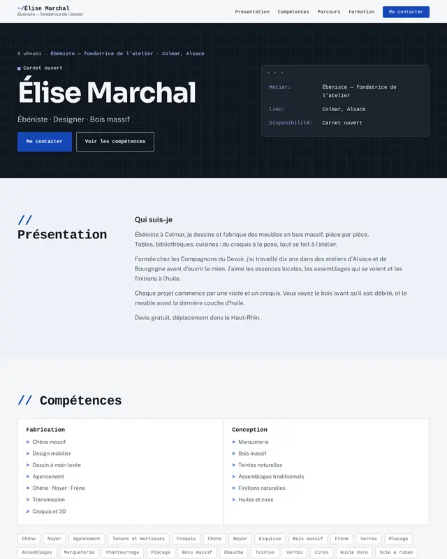 Thème one-page Technique pour une ébéniste fictive.