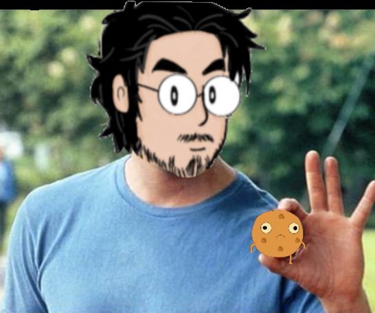 Mathieu dessiné, l'air sérieux, tient entre deux doigts un petit cookie inquiet.