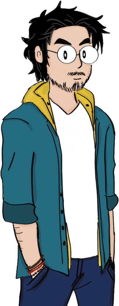 Mathieu dessiné, debout, les mains dans les poches, en chemise bleue sur capuche jaune.