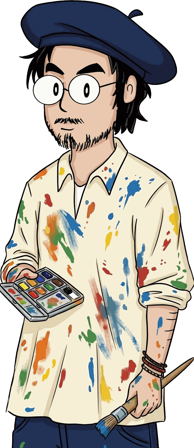 Mathieu dessiné en peintre, béret sur la tête, palette d'aquarelle et pinceau à la main.