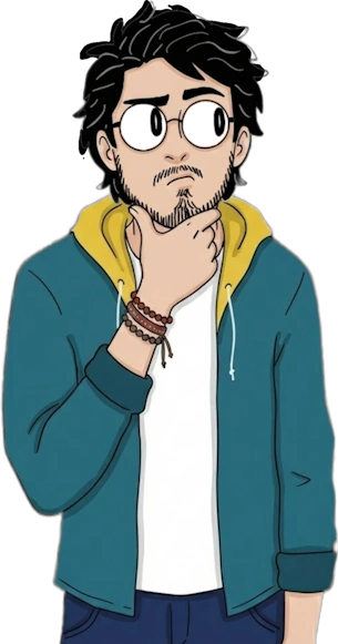 Mathieu dessiné en train de réfléchir, la main sous le menton.